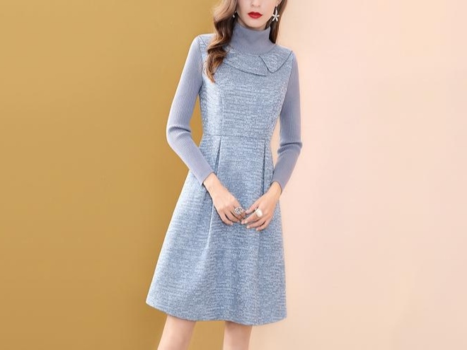 粗纺蓝色假两件连衣裙女冬季中长款