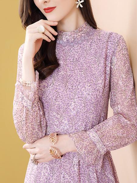 紫色印花雪纺连衣裙A字裙